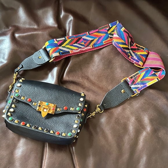 Black Colorful Gold Studded Guitar Strap Purse - Picture 1 of 6